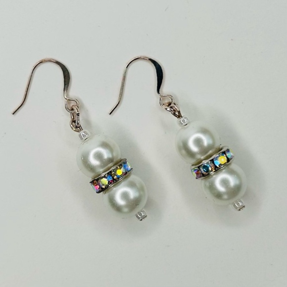 HAND CRAFTED Pearl EARRINGS White Silver Czech Crystal Rondelle Drop NWT - Picture 1 of 10